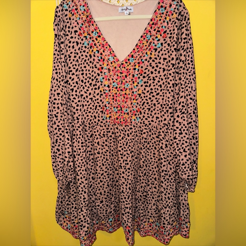 Perfectly Priscilla Size 2X Boho Leopard Embroidered Balloon Sleeve Lined‎ Dress